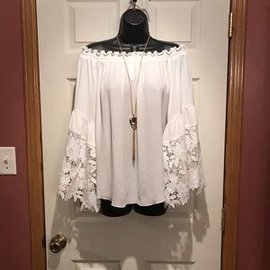 JOSEPH RIBKOFF Elegant White Lace Off-Shoulder Top